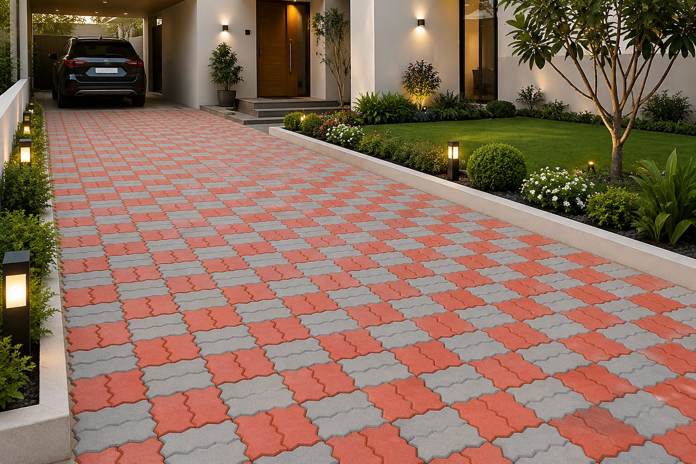 Zig-Zag paver driveway chequer design